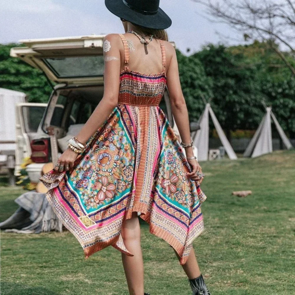 Boho Floral Print Satin Asymmetrical Hem Dress - Picture 7 of 7